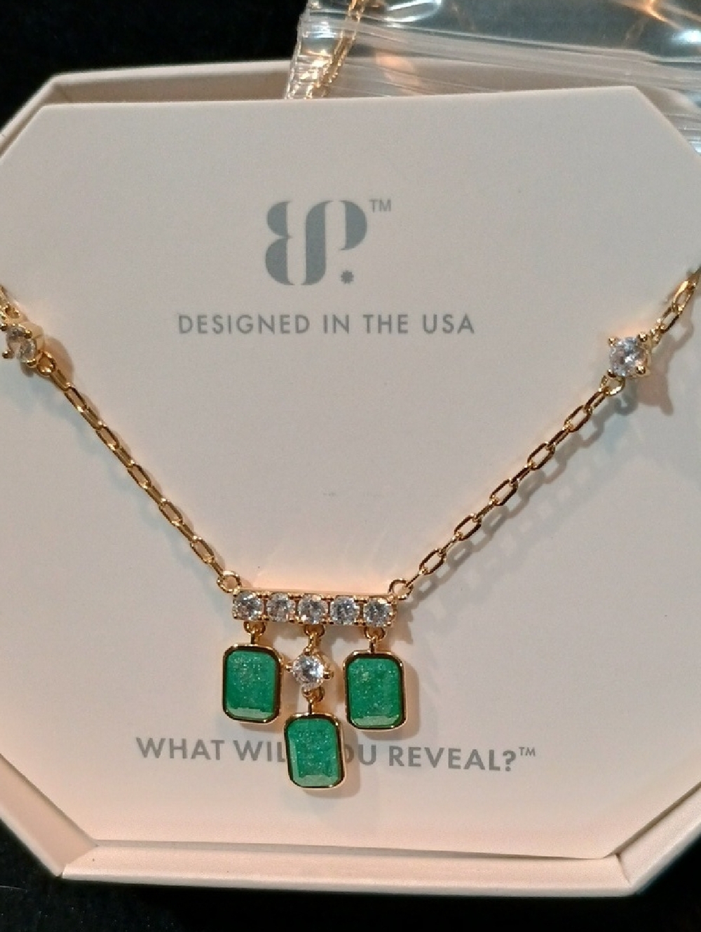 bp Gold-Tone Necklace with Green and Clear Stone Drops